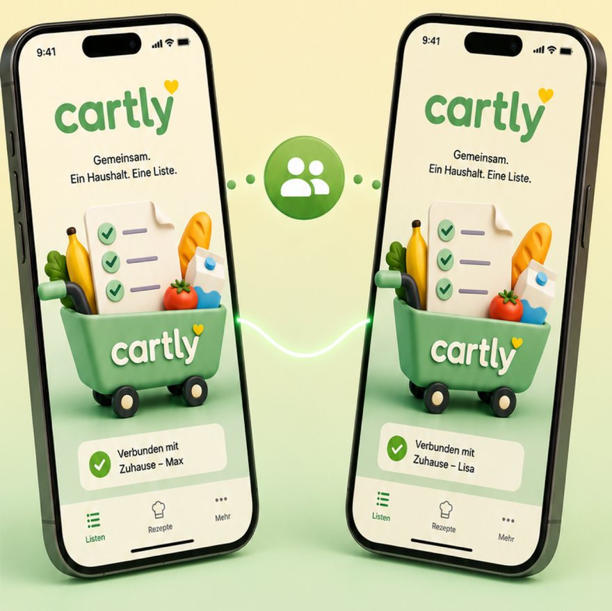 Cartly auf zwei iPhones: dieselbe Einkaufsliste, geteilt im Haushalt
